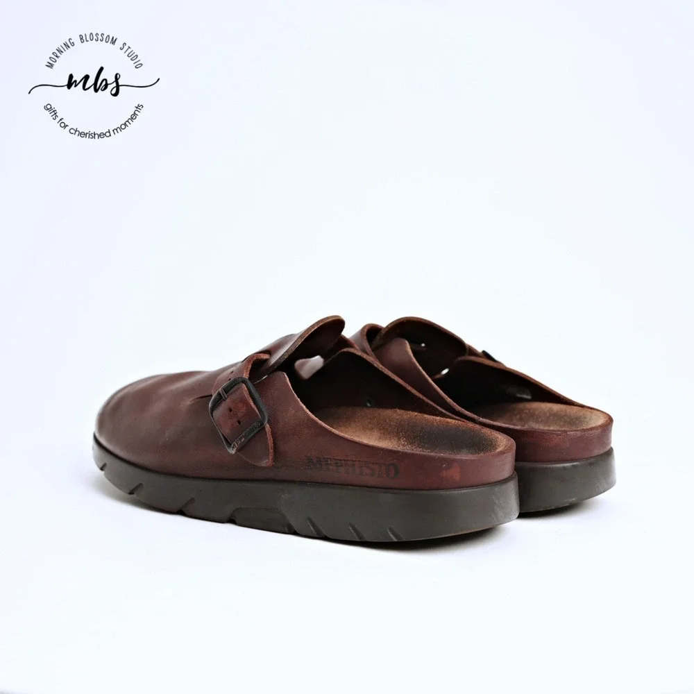 Mephisto Distressed Leather Adjustable Buckle Slide Clog Mules Brown Men 10.5
